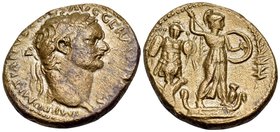 JUDAEA. Caesaraea Maritima. Domitian, 81-96. (Orichalcum, 28 mm, 13.94 g, 12 h), Judaea Capta issue. IMP DOMITIANVS CAES AVG GERMANICVS Laureate head ...