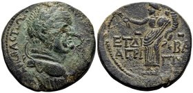 JUDAEA, Herodians. Agrippa II, with Vespasian, 50-100 CE. (Bronze, 29 mm, 15.12 g, 12 h), year IΔ (14) = 73-74. ΑΥΤ[ΟΚΡΑ ΟΥΕCΠΑCI KAIC]API CEBACTΩ Lau...