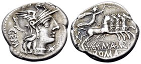 M. Aburius M.f. Geminus, 132 BC. Denarius (Silver, 18 mm, 3.85 g, 2 h), Rome. GEM Helmeted head of Roma to right; below chin, XVI monogram (mark of va...