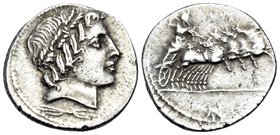 Gargilius, Ogulnius, and Vergilius, 86 BC. Denarius (Silver, 18.5 mm, 3.74 g, 9 h), Rome. Laureate head of Apollo right; below, thunderbolt. Rev. Jupi...