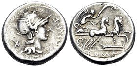 M. Cipius M.f, 115-114 BC. Denarius (Silver, 16.5 mm, 3.94 g, 12 h), Rome. [M C]IPI• M• F Helmeted head of Roma to right; behind, X . Rev. ROMA Victor...