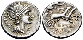 L. Flaminius Chilo, 109-108 BC. Denarius (Silver, 19 mm, 3.87 g, 12 h), Rome. ROMA Helmeted head of Roma to right; mark of value (X) below chin. Rev. ...