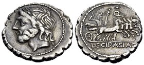 L. Scipio Asiagenus, 106 BC. Denarius Serratus (Silver, 19 mm, 3.78 g, 2 h), Rome. Laureate head of Jupiter to left. Rev. L•SCIP• ASIAG Jupiter drivin...