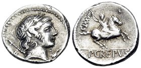 P. Crepusius, 82 BC. Denarius (Silver, 17 mm, 3.72 g, 3 h), Rome. Laureate head of Apollo to right, with scepter on his far shoulder; below chin, wate...