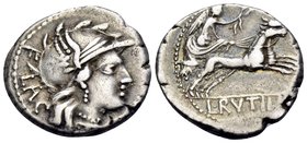 L. Rutilius Flaccus, 77 BC. Denarius (Silver, 18 mm, 3.88 g, 5 h), Rome. FLAC Helmeted head of Roma to right. Rev. L•RVTILI Victory driving biga to ri...