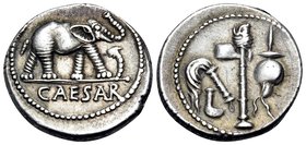Julius Caesar, 49-48 BC. Denarius (Silver, 23 mm, 3.83 g, 7 h), mint moving with Caesar in Northern Italy. CAESAR Elephant to right, trampling horned ...