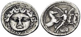 L. Plautius Plancus, 47 BC. Denarius (Silver, 20.5 mm, 3.63 g, 11 h), Rome. L PLAVTIVS Facing head of the Medusa. Rev. PLANCVS Victory (or winged Auro...