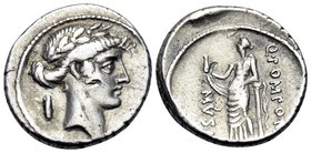 Q. Pomponius Musa, 56 BC. Denarius (Silver, 28 mm, 4.08 g, 6 h), Rome. Laureate head of Apollo to right; behind, scroll. Rev. Q POMPONI MVSA Clio, the...
