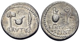 Brutus with P. Cornelius Lentulus Spinther, early 42 BC. Denarius (Silver, 18.5 mm, 3.64 g, 11 h), military mint, probably at Smyrna. BRVTVS Axe, simp...