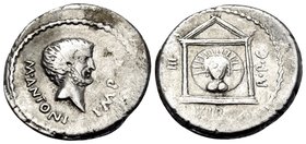 Mark Antony, 42 BC. Denarius (Silver, 18.5 mm, 3.64 g, 3 h), military mint traveling in Greece. M• ANTONI• IMP Bare head of Mark Antony to right, with...