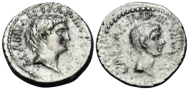 Mark Antony and Octavian, 39 BC. Denarius (Silver, 19 mm, 2.94 g, 6 h), Mint mov...