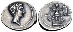 Octavian, 29-27 BC. Denarius (Silver, 20.5 mm, 3.84 g, 8 h), Brundisium or Rome. Bare head of Octavian to right. Rev. IMP - CAESAR Military trophy, wi...