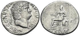 Nero, 54-68. Denarius (Silver, 18 mm, 2.99 g, 5 h), Rome, 65-66. NERO CAESAR AVGVSTVS Laureate head of Nero to right. Rev. SALVS Salus seated left on ...