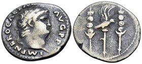 Nero, 54-68. Denarius (Silver, 18 mm, 3.22 g, 5 h), Rome, 67-68. IMP NERO CAESAR AVG P P Laureate head of Nero to right. Rev. Aquila between two signa...