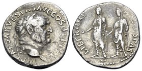 Vespasian, 69-79. Denarius (Silver, 18 mm, 2.66 g, 6 h), Ephesos, 70. IMP CAESAR VESPAS AVG COS II TR P P P Laureate head of Vespasian to right. Rev. ...