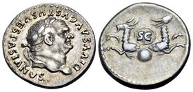 Divus Vespasian, died 79. Denarius (Silver, 17 mm, 3.19 g, 6 h), struck under Titus, Rome, 80-81. DIVVS AVGVSTVS VESPASIANVS• Laureate head of Vespasi...