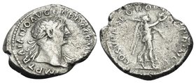 Trajan, 98-117. Quinarius (Silver, 15 mm, 1.64 g, 6 h), Rome, 107-111. IMP TRAIANO AVG GER DAC P M TR P Laureate head of Trajan to right, with light d...