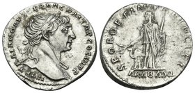 Trajan, 98-117. Denarius (Silver, 18.5 mm, 3.25 g, 7 h), Rome, 112-113. IMP TRAIANO AVG GER DAC P M TR P COS VI P P Laureate bust of Trajan to right, ...