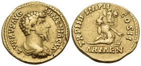 Lucius Verus, 161-169. Aureus (Gold, 19.5 mm, 7.37 g, 7 h), Rome, 163-164. •L•VERVS AVG ARMENIACVS Cuirassed bust of Lucius Verus to right, seen from ...