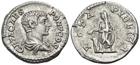 Geta, as Caesar, 198-209. Denarius (Silver, 18 mm, 3.59 g, 6 h), Rome, 203-208. GETA CAES PONT COS Bareheaded and draped bust of Geta to right. Rev. V...