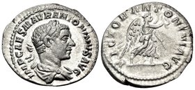 Elagabalus, 218-222. Denarius (Silver, 20.5 mm, 2.72 g, 7 h), Rome, 218. IMP CAES M AVR ANTONINVS AVG Laureate and draped bust of Elagabalus to right....