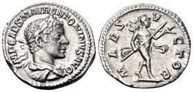 Elagabalus, 218-222. Denarius (Silver, 19 mm, 2.64 g, 12 h), Rome, 219. IMP CAES M AVR ANTONINVS AVG Laureate and draped bust of Elagabalus to right. ...