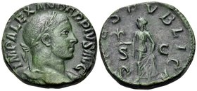 Severus Alexander, 222-235. Sestertius (Orichalcum, 28 mm, 16.90 g, 12 h), Rome, 232. IMP ALEXANDER PIVS AVG Laureate head of Alexander Severus with d...