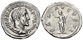 Maximinus I, 235-238. Denarius (Silver, 20 mm, 2.86 g, 1 h), Rome, 236. IMP MAXIMINVS PIVS AVG Laureate, draped and cuirassed bust of Maximinus to rig...