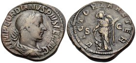 Gordian III, 238-244. Sestertius (Orichalcum, 32 mm, 19.14 g, 1 h), Rome, 244. IMP GORDIANVS PIVS FEL AVG Laureate, draped and cuirassed bust of Gordi...