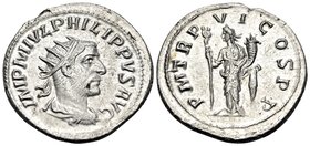 Philip I, 244-249. Antoninianus (Silver, 22.5 mm, 4.66 g, 1 h), fourrée (?), Antioch, 249. IMP M IVL PHILIPPVS AVG Radiate, draped and cuirassed bust ...