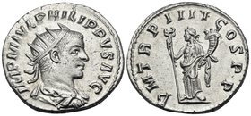 Philip II, as Augustus, 247-249. Antoninianus (Silver, 21 mm, 5.14 g, 12 h), Antioch, 247. IMP M IVL PHILIPPVS AVG Radiate, draped and cuirassed bust ...