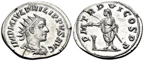 Philip II, 247-249. Antoninianus (Silver, 23.5 mm, 4.87 g, 7 h), Antioch, 249. IMP M IVL PHILIPPVS AVG Radiate, draped and cuirassed bust of Philip to...