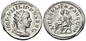 Philip II, 247-249. Antoninianus (Silver, 22.5 mm, 4.22 g, 11 h), Rome, 249. IMP PHILIPPVS AVG Radiate, draped and cuirassed bust of Philip I to right...