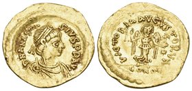 Anastasius I, 491-518. Tremissis (Gold, 16 mm, 1.46 g, 6 h), Constantinople, 492-518. D N ANASTA-SIVS P P AVI Diademed, draped and cuirassed bust of A...