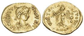 Anastasius I, 491-518. Tremissis (Gold, 15 mm, 1.50 g, 5 h), Constantinople, 492-518. D N ANASTA-SIVS P P AVI Diademed, draped and cuirassed bust of A...
