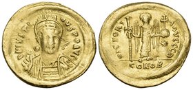 Justin I, 518-527. Solidus (Gold, 22 mm, 4.42 g, 7 h), Constantinople, 9th officina (Θ), 522-527. D N IVSTI-NVS P P AVG Helmeted, diademed and cuirass...