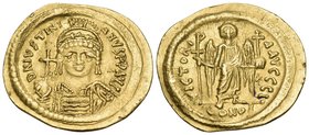 Justinian I, 527-565. Solidus (Gold, 22.5 mm, 4.41 g, 6 h), Constantinople, 10th officina (I), 545-565. D N IVSTINI - ANVS P P AVG Helmeted and cuiras...