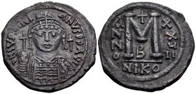 Justinian I, 527-565. Follis (Bronze, 34 mm, 16.89 g, 7 h), Nicomedia, 2nd officina (B), regnal year 17 = 543-544. D N IVSTINI-ANVS P P AVI Diademed, ...