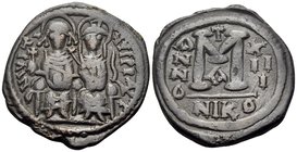 Justin II, 565-578. Follis (Copper, 31 mm, 12.44 g, 6 h), struck during the last year of their rule, Nicomedia, 1st officina (A), Year 13 = 577/8. D N...