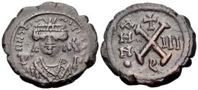 Maurice Tiberius, 582-602. Decanummium (Bronze, 16.5 mm, 2.90 g, 5 h), Theoupolis (Antioch), regnal year III = 584/5. d N TIES SITI Bust of Maurice Ti...