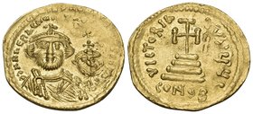 Heraclius, with Heraclius Constantine, 610-641. Solidus (Gold, 21.5 mm, 4.40 g, 7 h), Constantinople, 10th officina (I), 616-625. dd NN hERACLIUS ET h...
