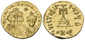 Constans II, with Constantine IV, 641-668. Solidus (Gold, 20 mm, 4.37 g, 6 h), Constantinople, 9th officina (Θ), 654-659. d N CONStANtINUS C CONStANS ...