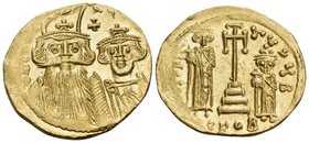 Constans II, with Constantine IV, Heraclius, and Tiberius, 641-668. Solidus (Gold, 21 mm, 4.43 g, 6 h), Constantinople, 2nd officina (B), 661-663. d N...