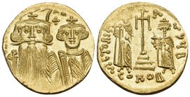 Constans II, with Constantine IV, Heraclius, and Tiberius, 641-668. Solidus (Gold, 20.5 mm, 4.50 g, 7 h), Constantinople, 2nd officina (B), 661-663. d...