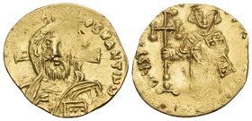 Justinian II, first reign, 685-695. Tremissis (Gold, 16 mm, 1.37 g, 7 h), Constantinople, 692-695. IhS ChS REX REGNANTIЧM Draped bust of Jesus Christ ...