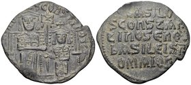 Basil I the Macedonian, with Constantine, 867-886. Follis (Bronze, 29 mm, 4.34 g, 5 h), Constantinople, 868-870. +BASILO S CONSTAN BASL' Crowned figur...