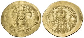 Constantine IX Monomachus, 1042-1055. Histamenon (Gold, 28.5 mm, 4.39 g, 6 h), Constantinople. +IhC XIC RCX RCSnΛnTIhM Bust of Christ Pantokrator faci...