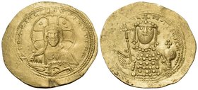 Constantine IX Monomachus, 1042-1055. Histamenon (Gold, 28 mm, 4.39 g, 6 h), Constantinople. +IhC XIC RCX RCSnΛnTIhM Bust of Christ Pantokrator facing...