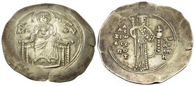 Alexius I Comnenus, 1081-1118. Aspron Trachy (Electrum, 29 mm, 4.38 g, 5 h), post-reform coinage, 1092-1118. MΡ ΘV Virgin Mary, nimbate, seated facing...