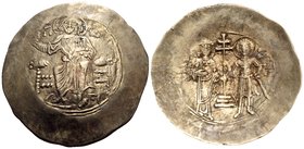 John II Comnenus, 1118-1143. Aspron Trachy (Electrum, 30 mm, 3.78 g, 6 h), Constantinople, 1118-1122 (?). Christ nimbate seated facing on backless thr...